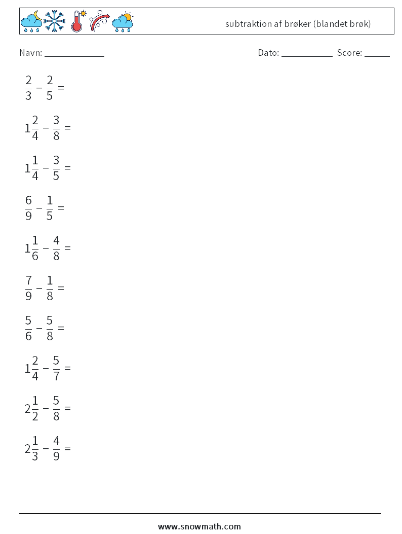 (10) subtraktion af brøker (blandet brøk) Matematiske regneark 17