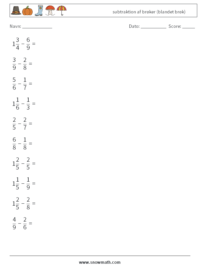(10) subtraktion af brøker (blandet brøk) Matematiske regneark 18