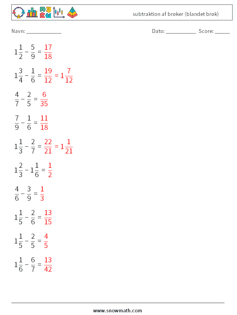 (10) subtraktion af brøker (blandet brøk) Matematiske regneark 1 Spørgsmål, svar