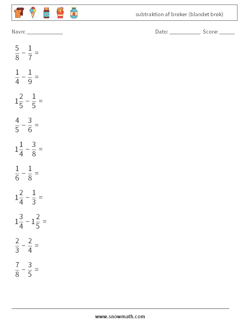 (10) subtraktion af brøker (blandet brøk) Matematiske regneark 2