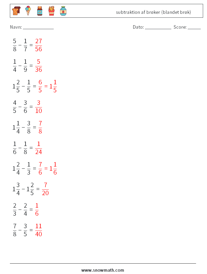 (10) subtraktion af brøker (blandet brøk) Matematiske regneark 2 Spørgsmål, svar