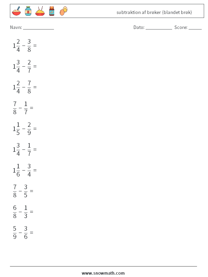 (10) subtraktion af brøker (blandet brøk) Matematiske regneark 3