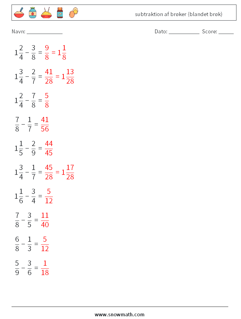 (10) subtraktion af brøker (blandet brøk) Matematiske regneark 3 Spørgsmål, svar