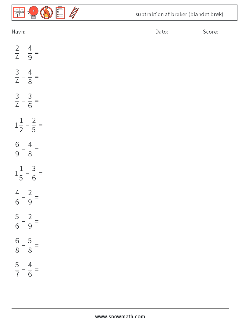 (10) subtraktion af brøker (blandet brøk) Matematiske regneark 4