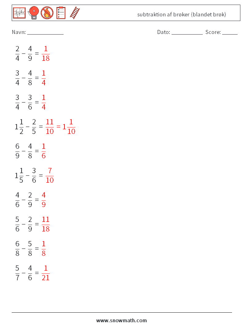 (10) subtraktion af brøker (blandet brøk) Matematiske regneark 4 Spørgsmål, svar
