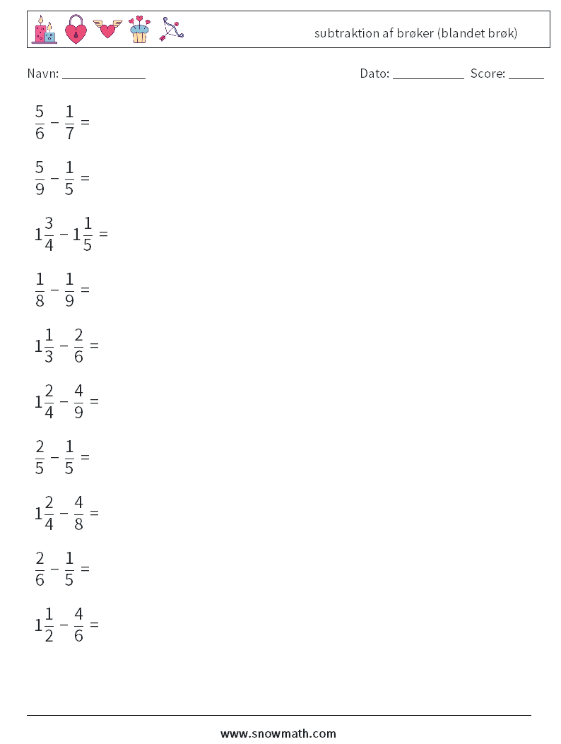 (10) subtraktion af brøker (blandet brøk) Matematiske regneark 5