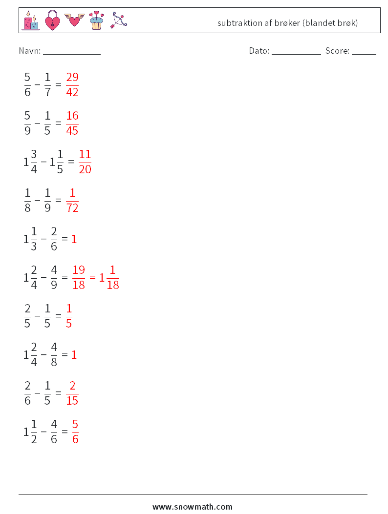 (10) subtraktion af brøker (blandet brøk) Matematiske regneark 5 Spørgsmål, svar