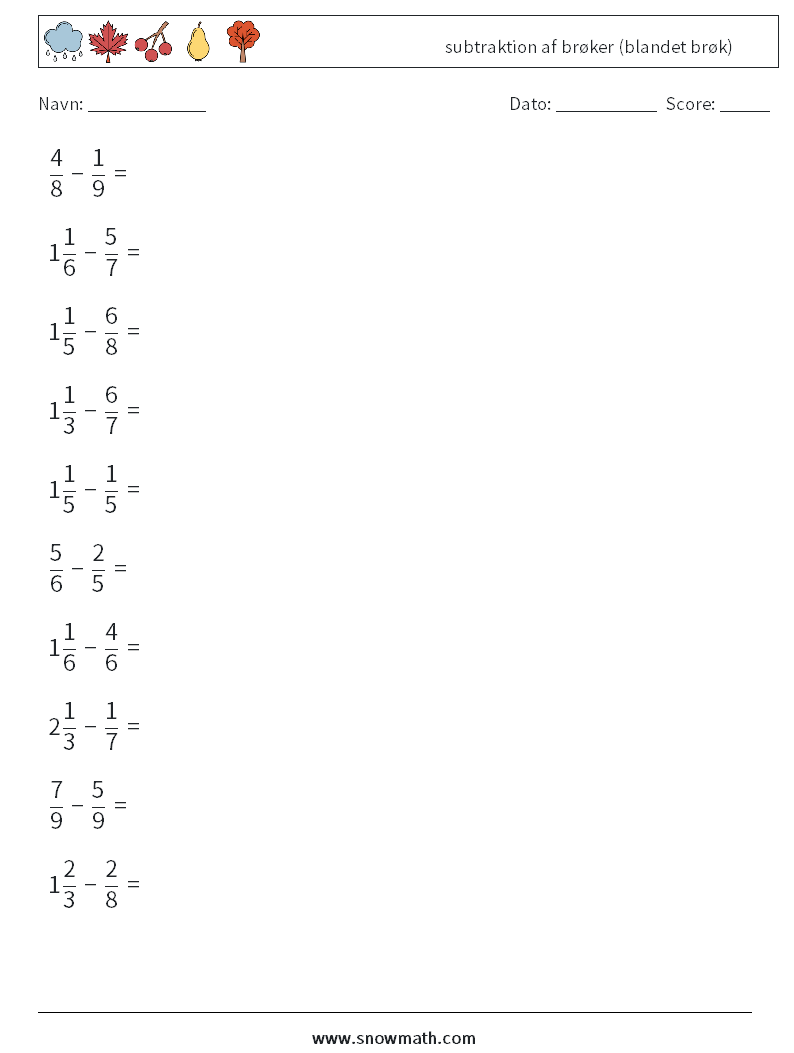 (10) subtraktion af brøker (blandet brøk) Matematiske regneark 6