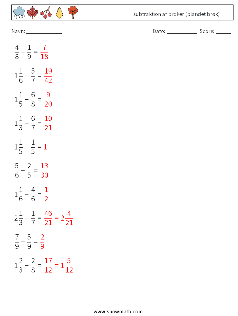 (10) subtraktion af brøker (blandet brøk) Matematiske regneark 6 Spørgsmål, svar