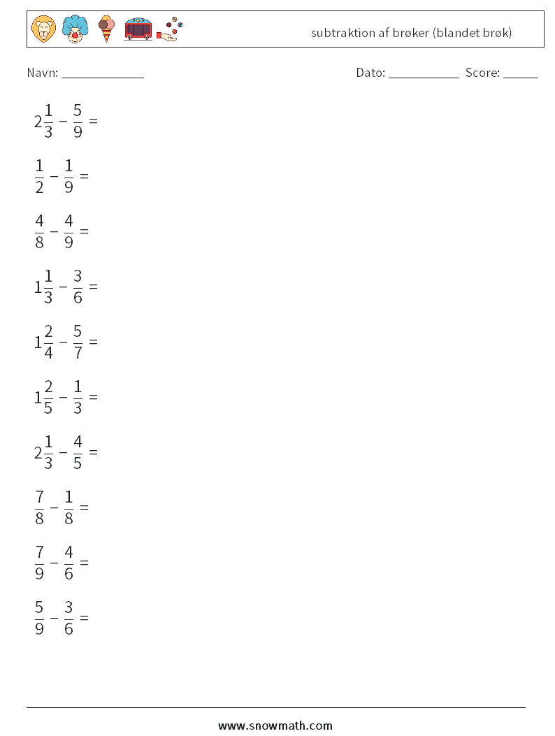 (10) subtraktion af brøker (blandet brøk) Matematiske regneark 7