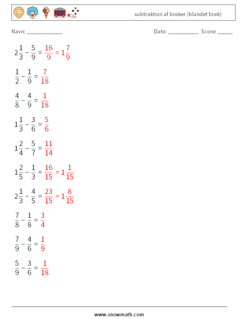 (10) subtraktion af brøker (blandet brøk) Matematiske regneark 7 Spørgsmål, svar