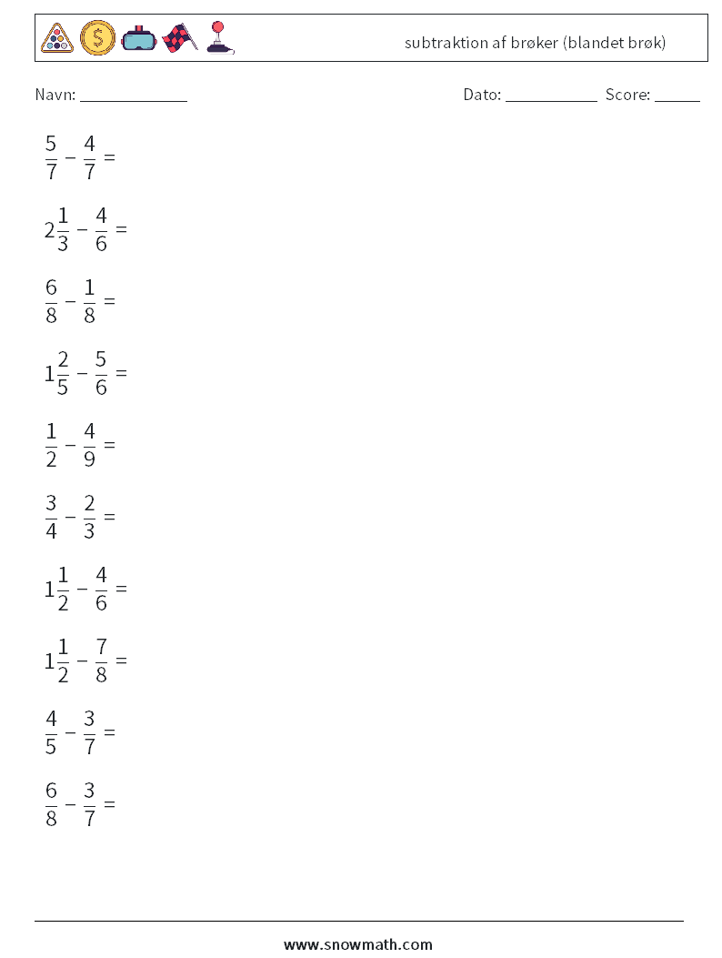 (10) subtraktion af brøker (blandet brøk) Matematiske regneark 8