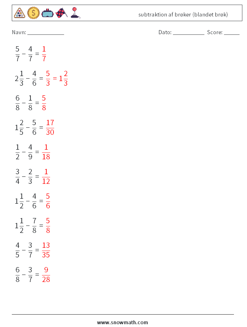 (10) subtraktion af brøker (blandet brøk) Matematiske regneark 8 Spørgsmål, svar