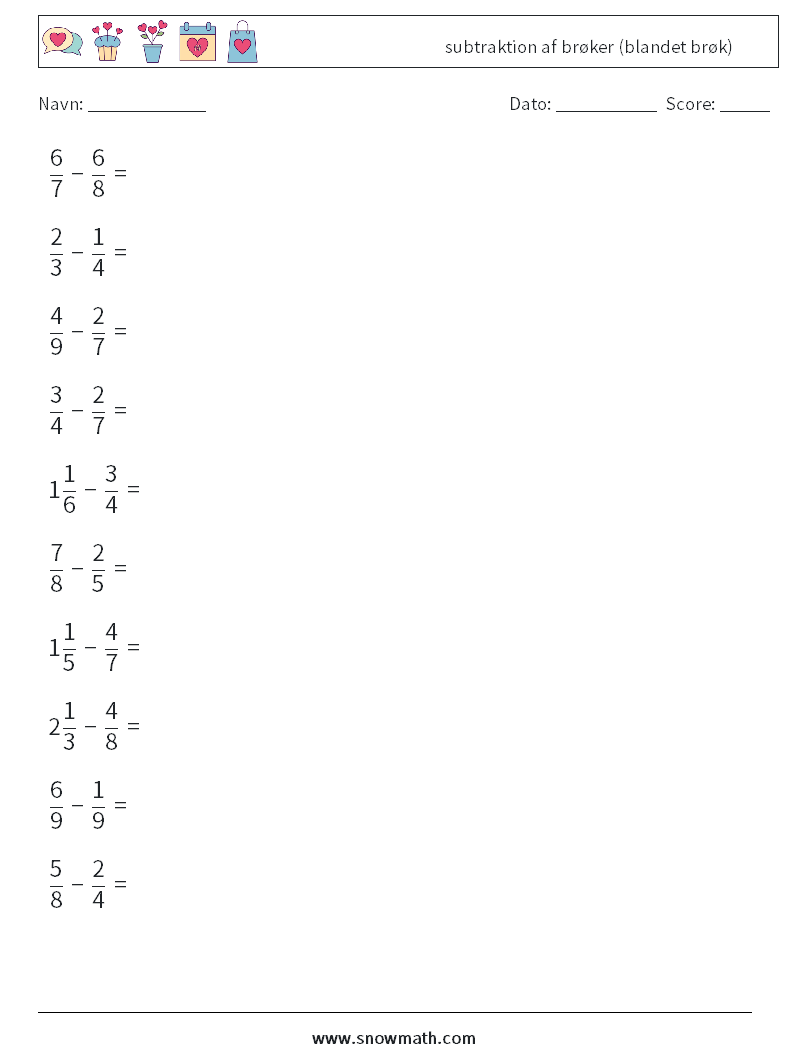 (10) subtraktion af brøker (blandet brøk) Matematiske regneark 9
