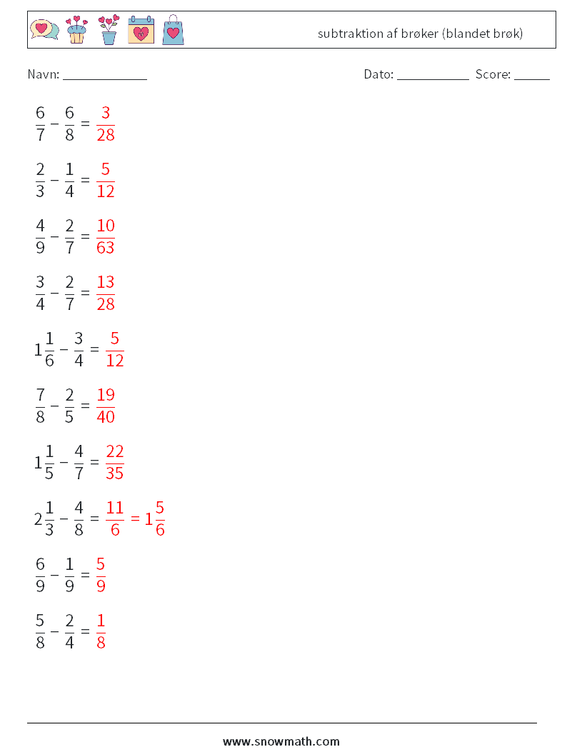 (10) subtraktion af brøker (blandet brøk) Matematiske regneark 9 Spørgsmål, svar