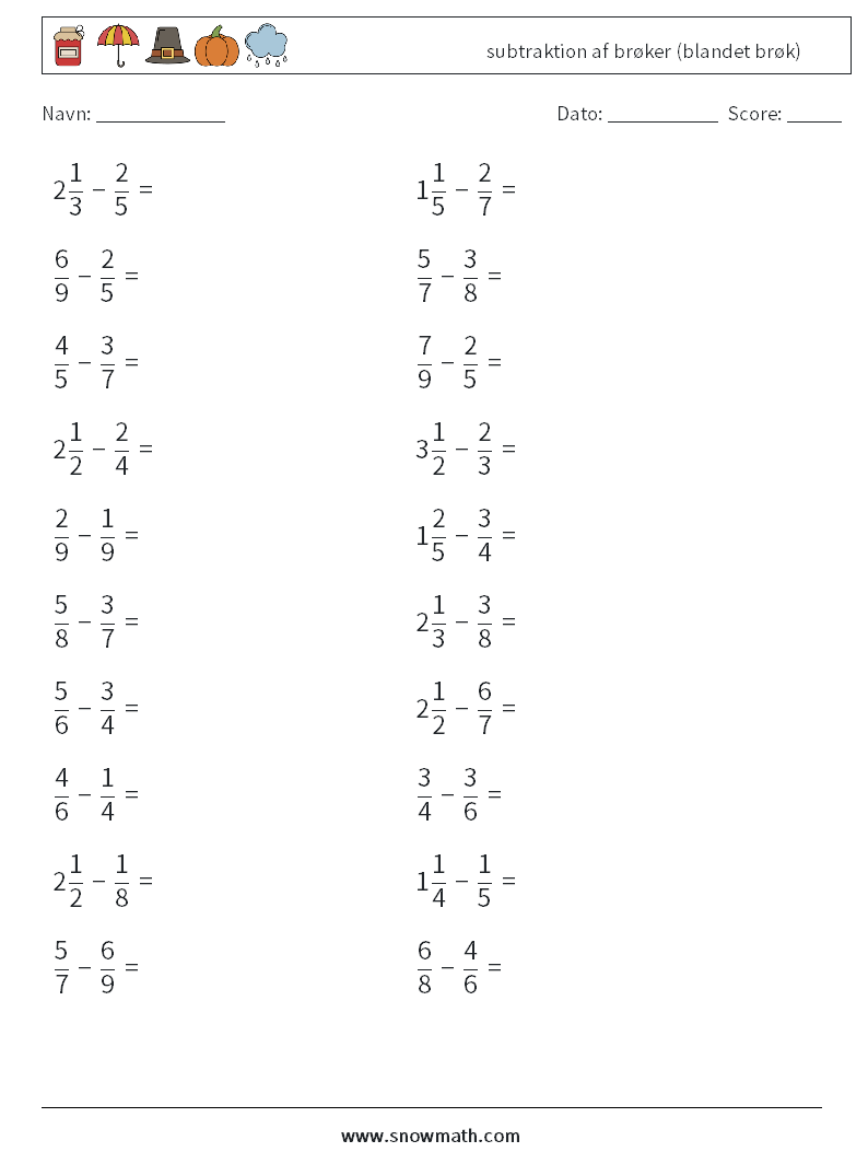 (20) subtraktion af brøker (blandet brøk) Matematiske regneark 1