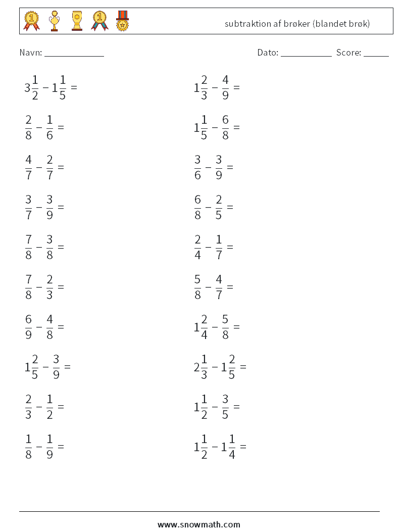 (20) subtraktion af brøker (blandet brøk) Matematiske regneark 10