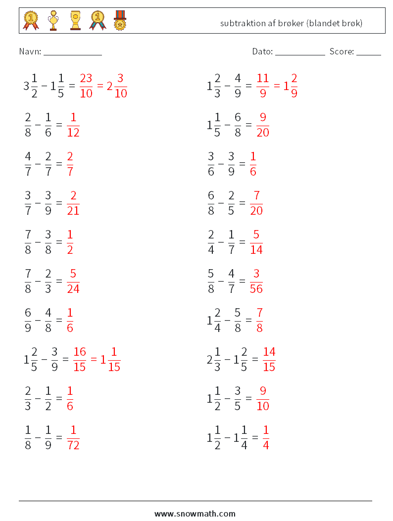 (20) subtraktion af brøker (blandet brøk) Matematiske regneark 10 Spørgsmål, svar
