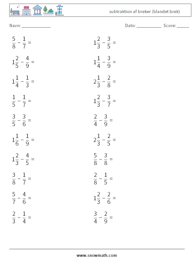 (20) subtraktion af brøker (blandet brøk) Matematiske regneark 11
