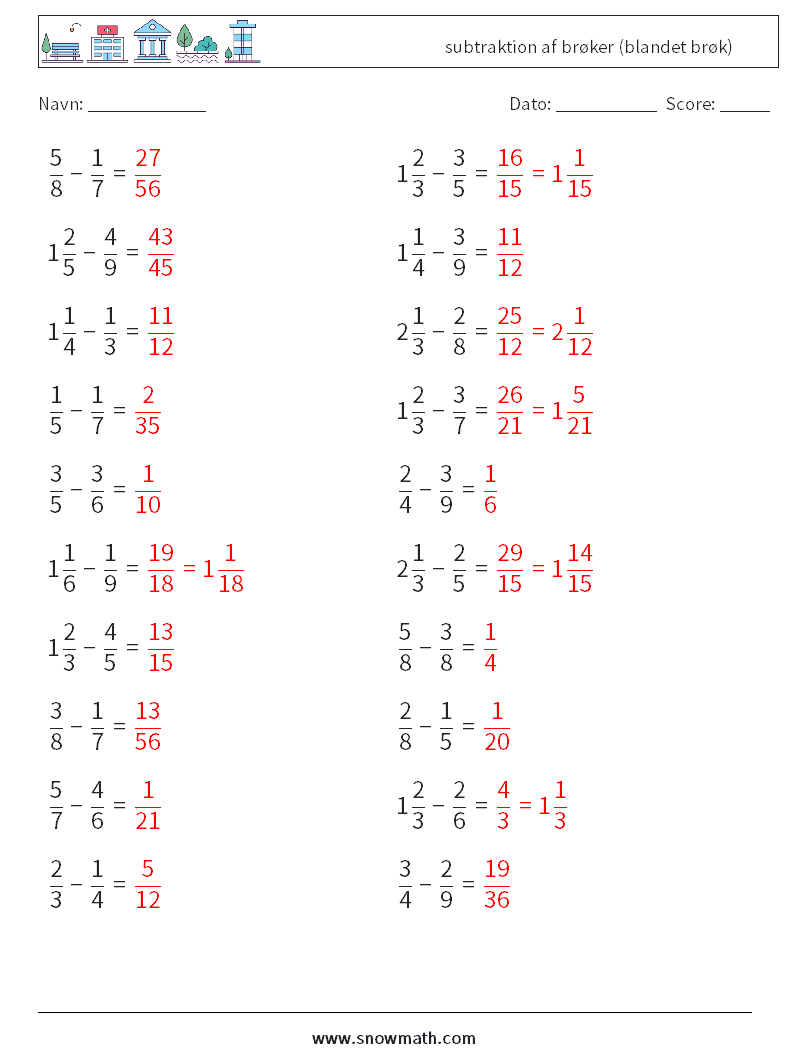 (20) subtraktion af brøker (blandet brøk) Matematiske regneark 11 Spørgsmål, svar