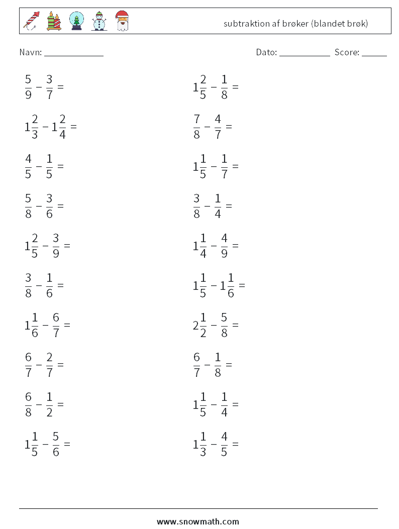 (20) subtraktion af brøker (blandet brøk) Matematiske regneark 12