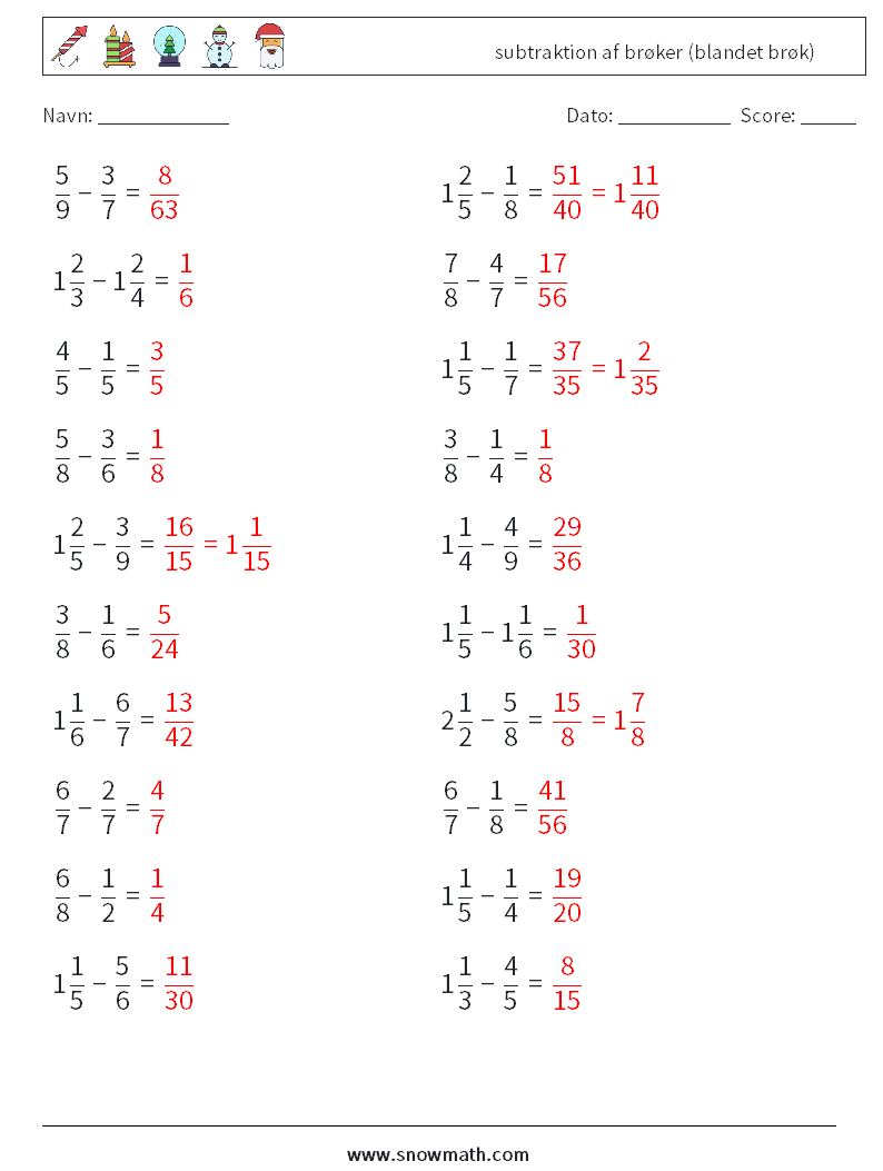 (20) subtraktion af brøker (blandet brøk) Matematiske regneark 12 Spørgsmål, svar
