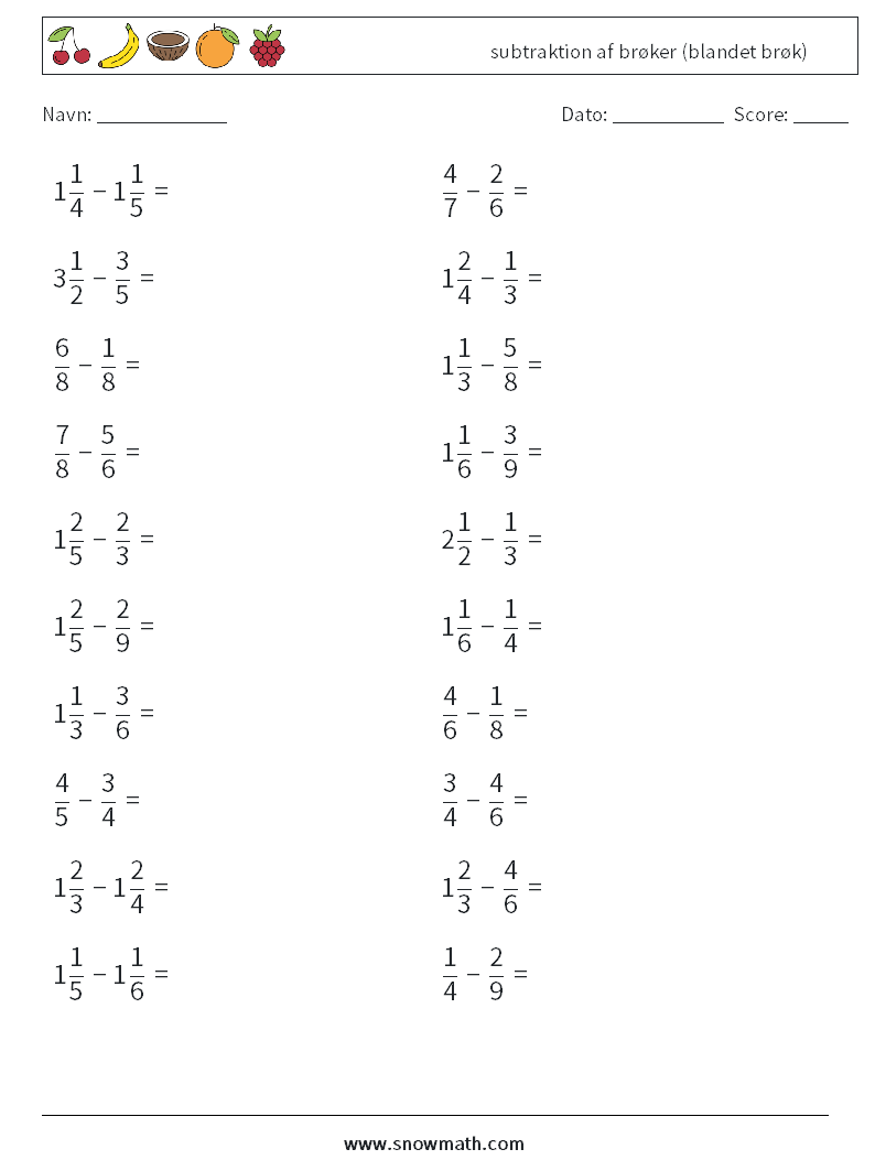 (20) subtraktion af brøker (blandet brøk) Matematiske regneark 13