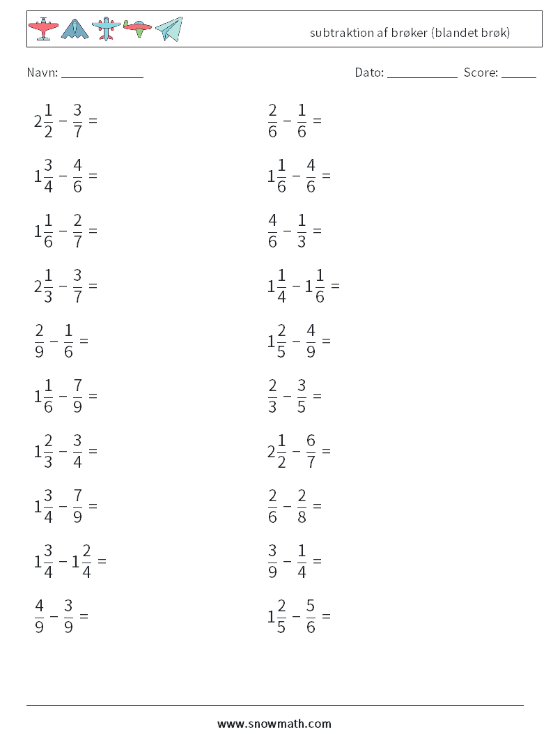 (20) subtraktion af brøker (blandet brøk) Matematiske regneark 14