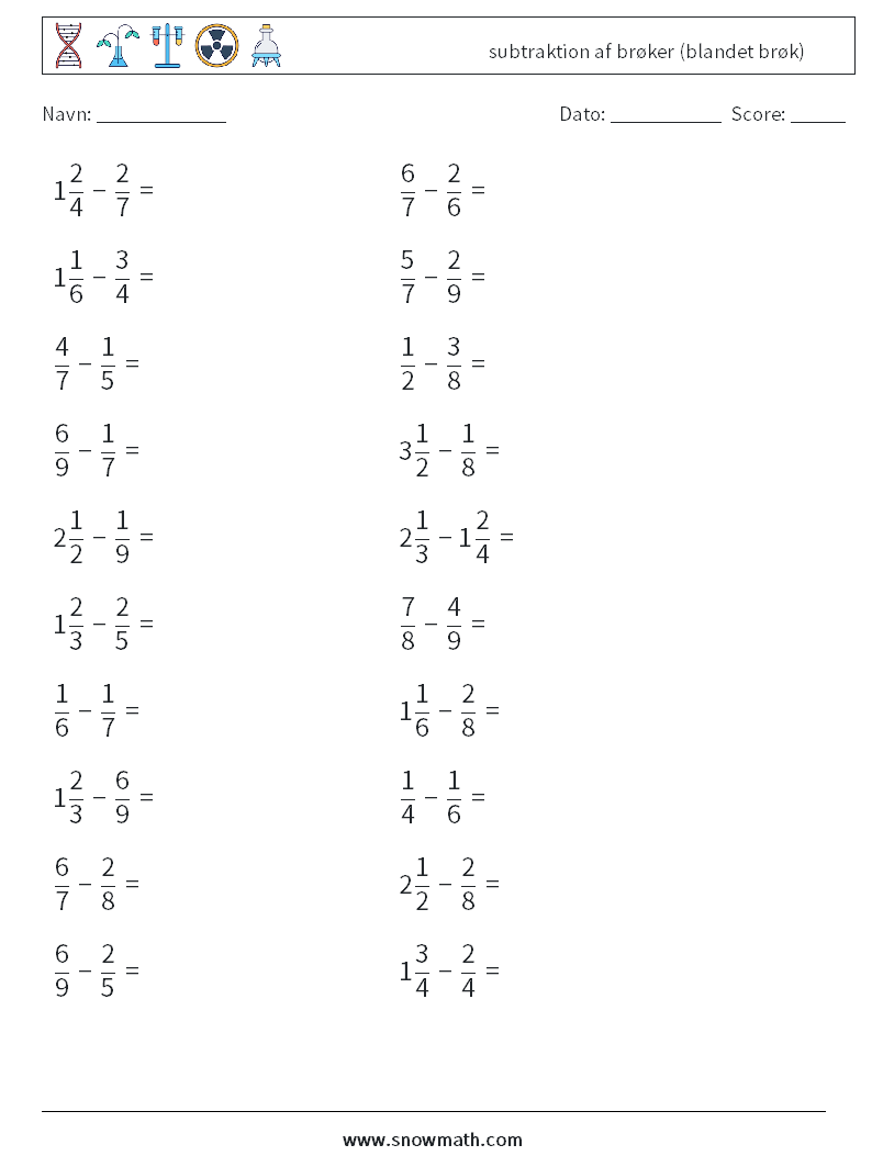 (20) subtraktion af brøker (blandet brøk) Matematiske regneark 15