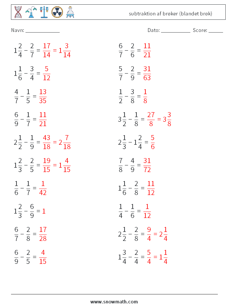 (20) subtraktion af brøker (blandet brøk) Matematiske regneark 15 Spørgsmål, svar