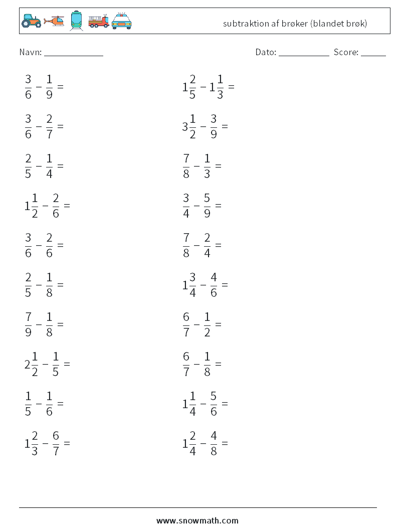 (20) subtraktion af brøker (blandet brøk) Matematiske regneark 16