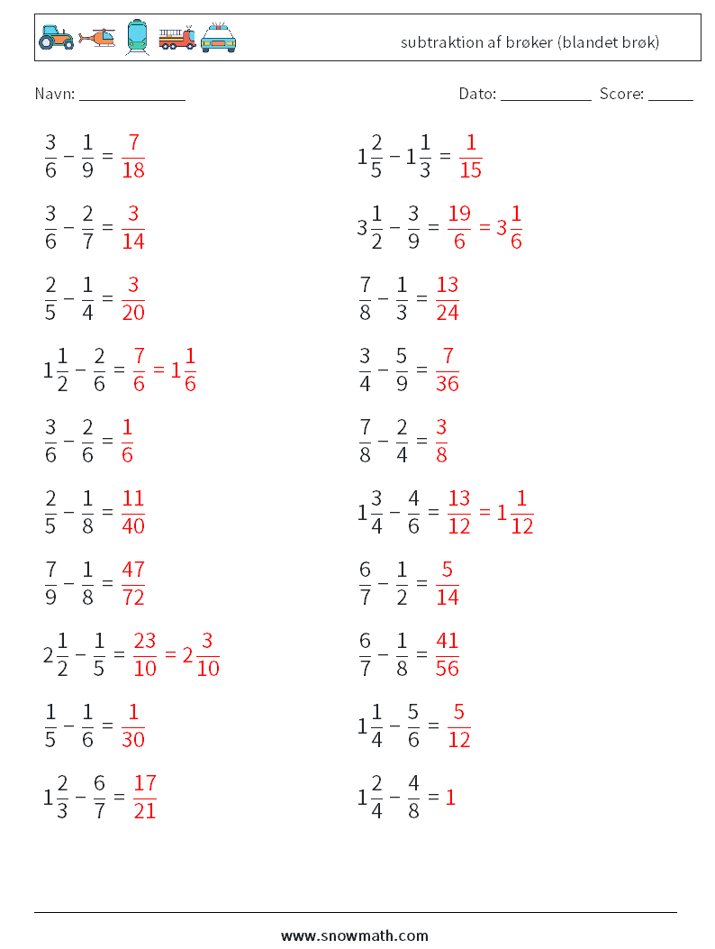 (20) subtraktion af brøker (blandet brøk) Matematiske regneark 16 Spørgsmål, svar
