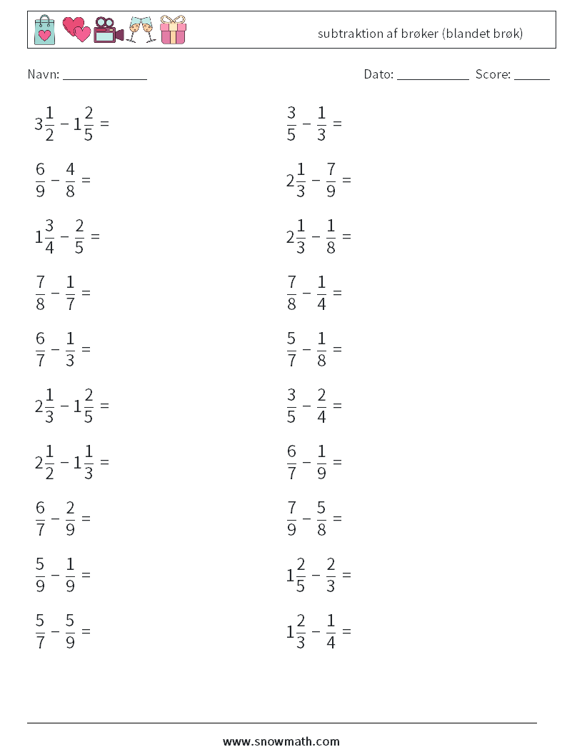 (20) subtraktion af brøker (blandet brøk) Matematiske regneark 17