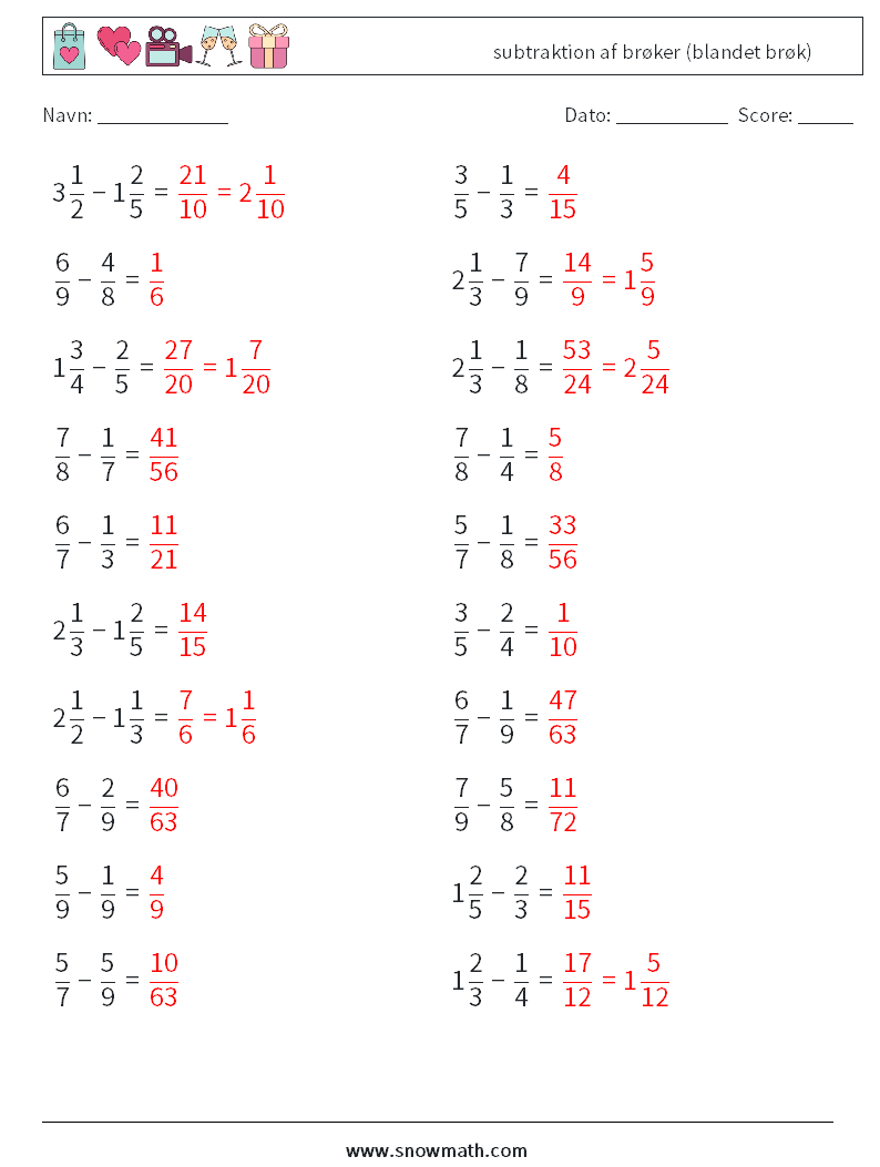 (20) subtraktion af brøker (blandet brøk) Matematiske regneark 17 Spørgsmål, svar