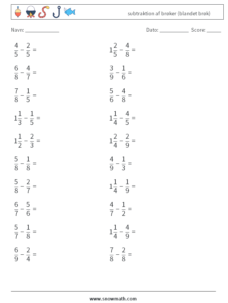 (20) subtraktion af brøker (blandet brøk) Matematiske regneark 18