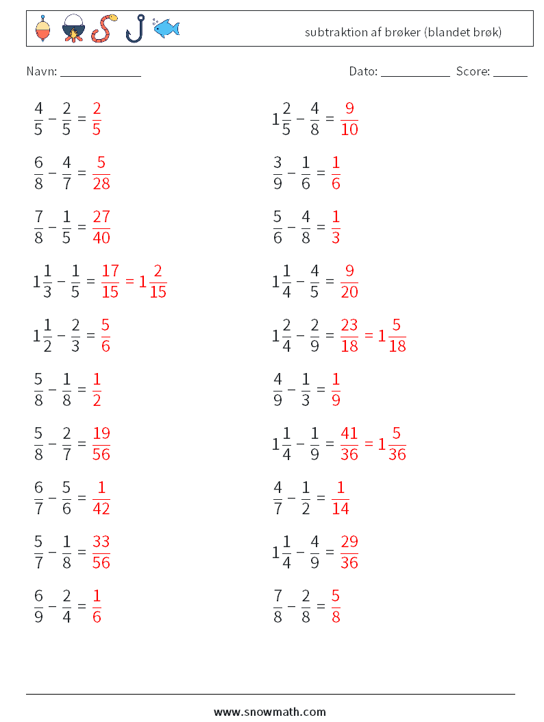 (20) subtraktion af brøker (blandet brøk) Matematiske regneark 18 Spørgsmål, svar