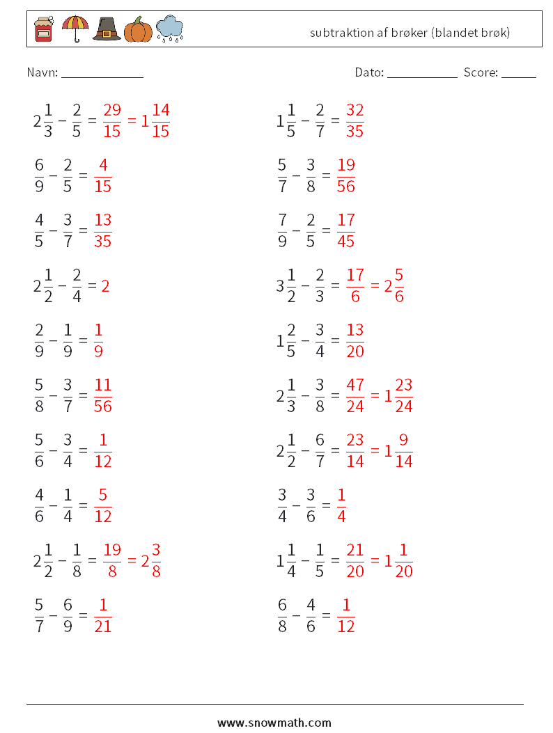 (20) subtraktion af brøker (blandet brøk) Matematiske regneark 1 Spørgsmål, svar