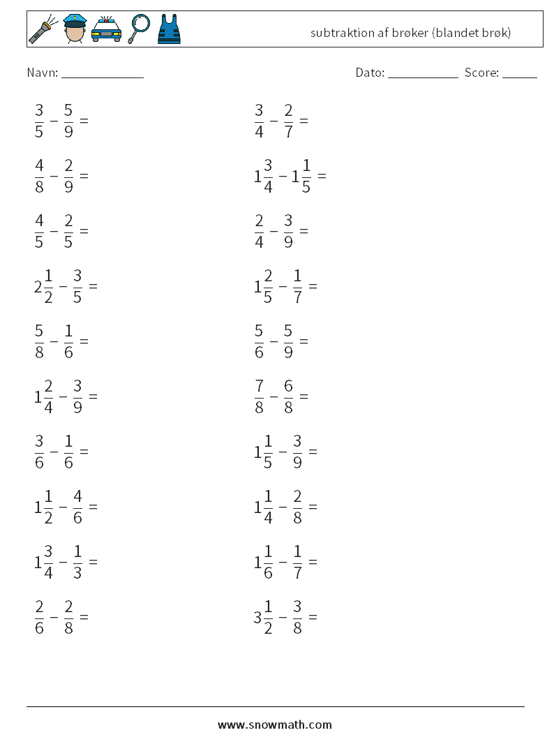 (20) subtraktion af brøker (blandet brøk) Matematiske regneark 2
