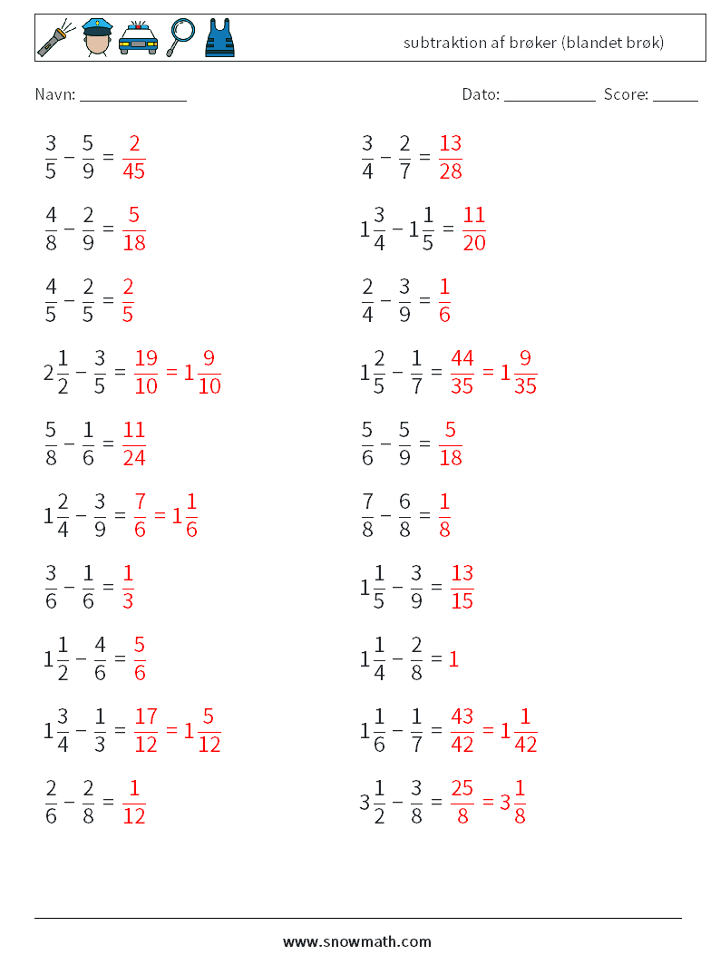 (20) subtraktion af brøker (blandet brøk) Matematiske regneark 2 Spørgsmål, svar