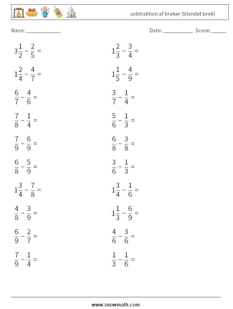 (20) subtraktion af brøker (blandet brøk) Matematiske regneark 3