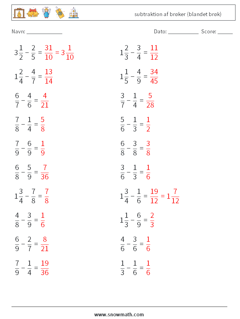 (20) subtraktion af brøker (blandet brøk) Matematiske regneark 3 Spørgsmål, svar