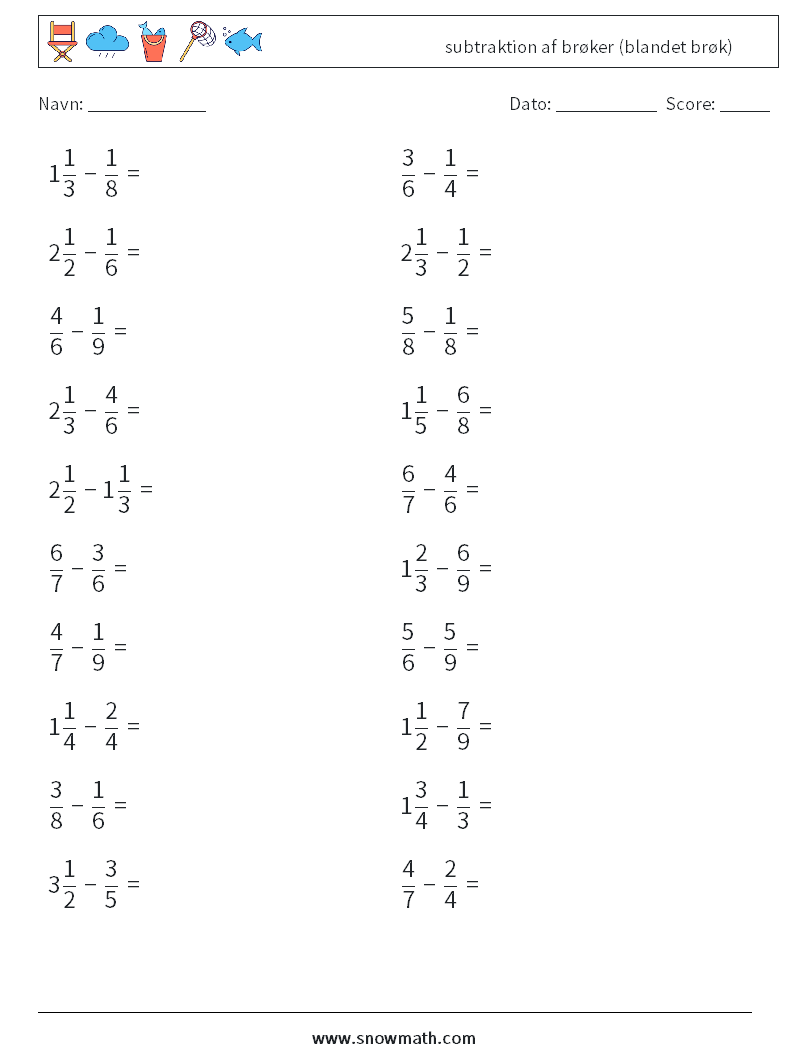 (20) subtraktion af brøker (blandet brøk) Matematiske regneark 4
