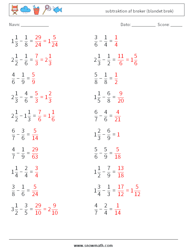 (20) subtraktion af brøker (blandet brøk) Matematiske regneark 4 Spørgsmål, svar