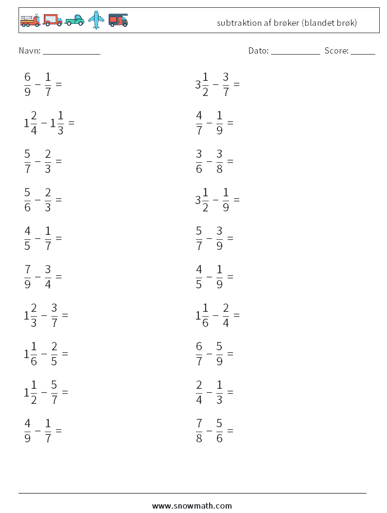 (20) subtraktion af brøker (blandet brøk) Matematiske regneark 5