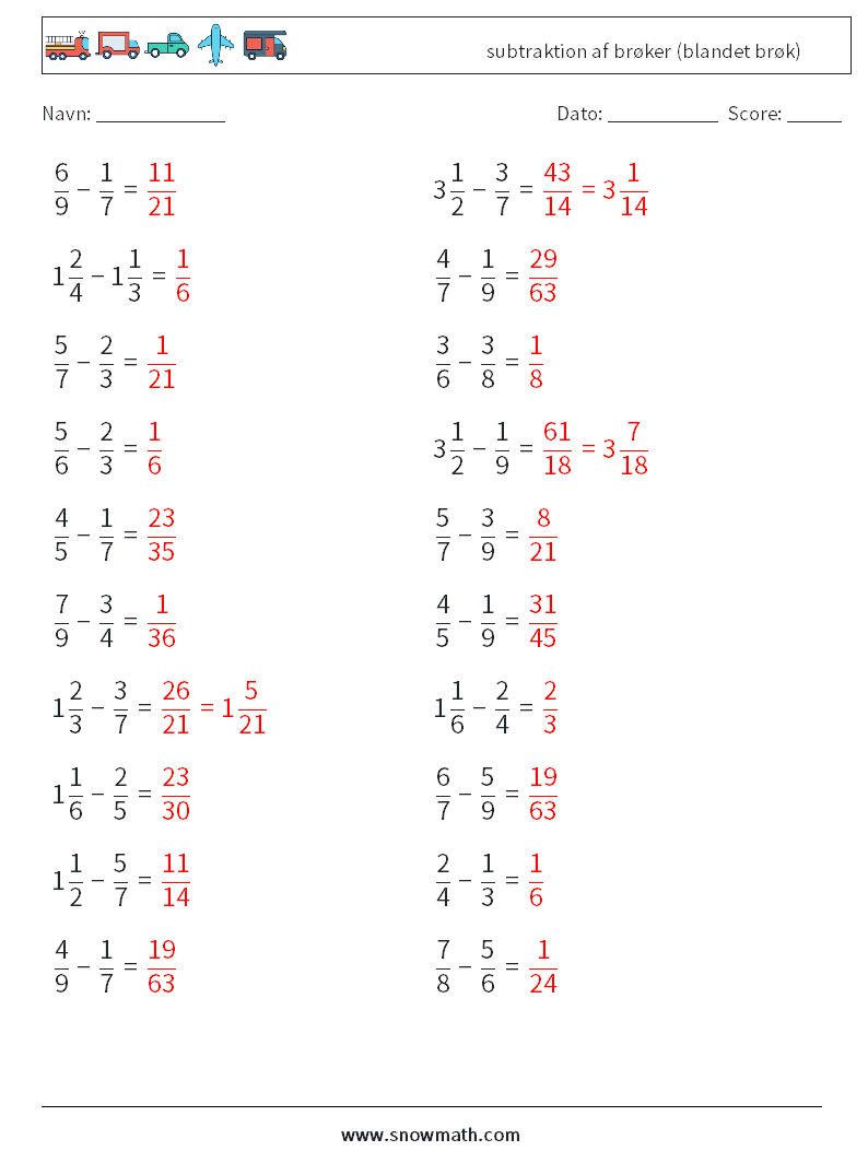 (20) subtraktion af brøker (blandet brøk) Matematiske regneark 5 Spørgsmål, svar