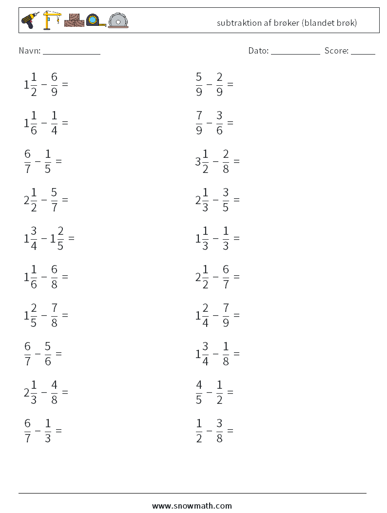 (20) subtraktion af brøker (blandet brøk) Matematiske regneark 6