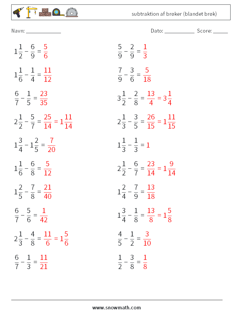 (20) subtraktion af brøker (blandet brøk) Matematiske regneark 6 Spørgsmål, svar