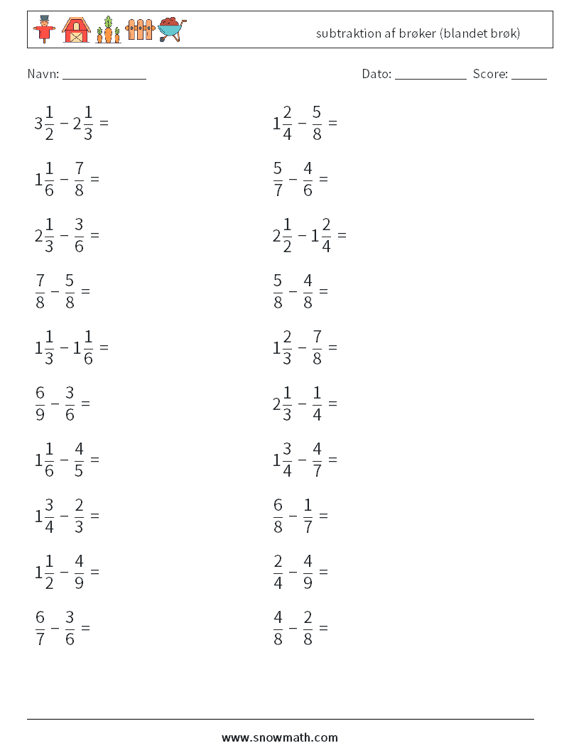(20) subtraktion af brøker (blandet brøk) Matematiske regneark 7