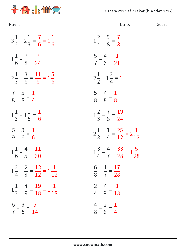 (20) subtraktion af brøker (blandet brøk) Matematiske regneark 7 Spørgsmål, svar