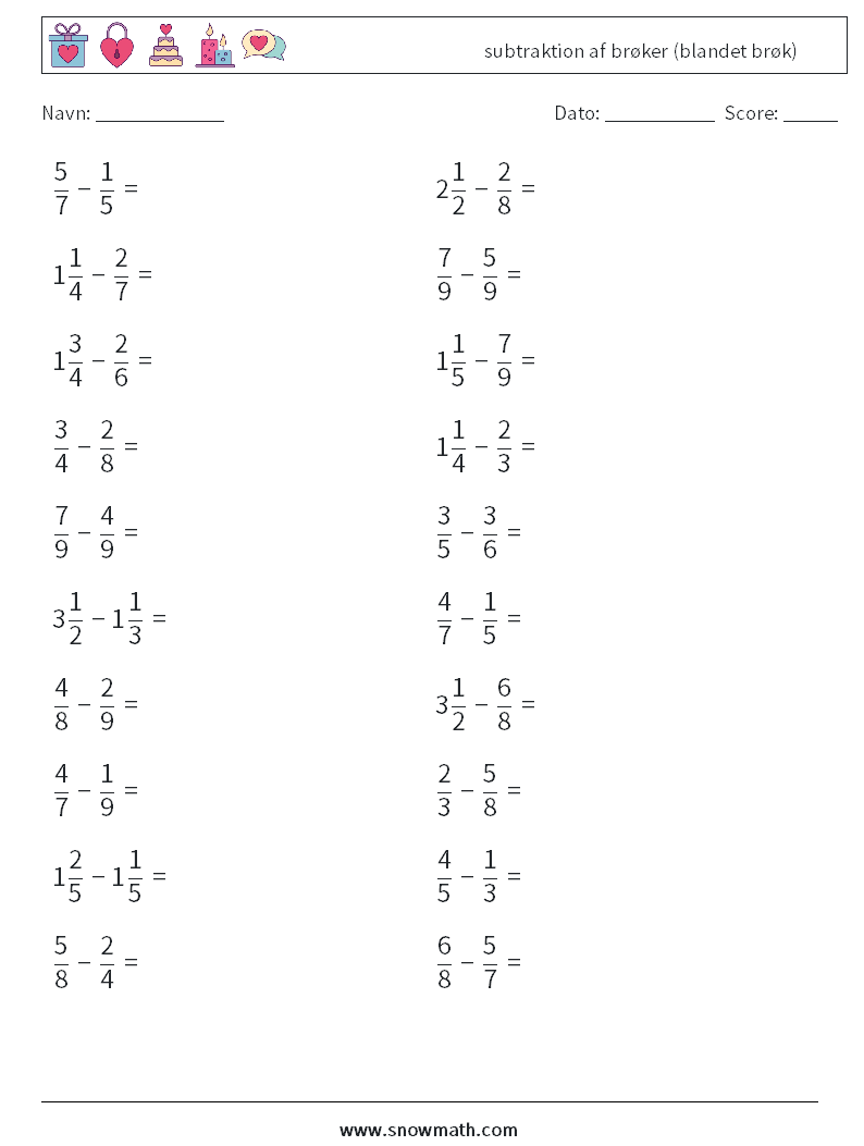 (20) subtraktion af brøker (blandet brøk) Matematiske regneark 8